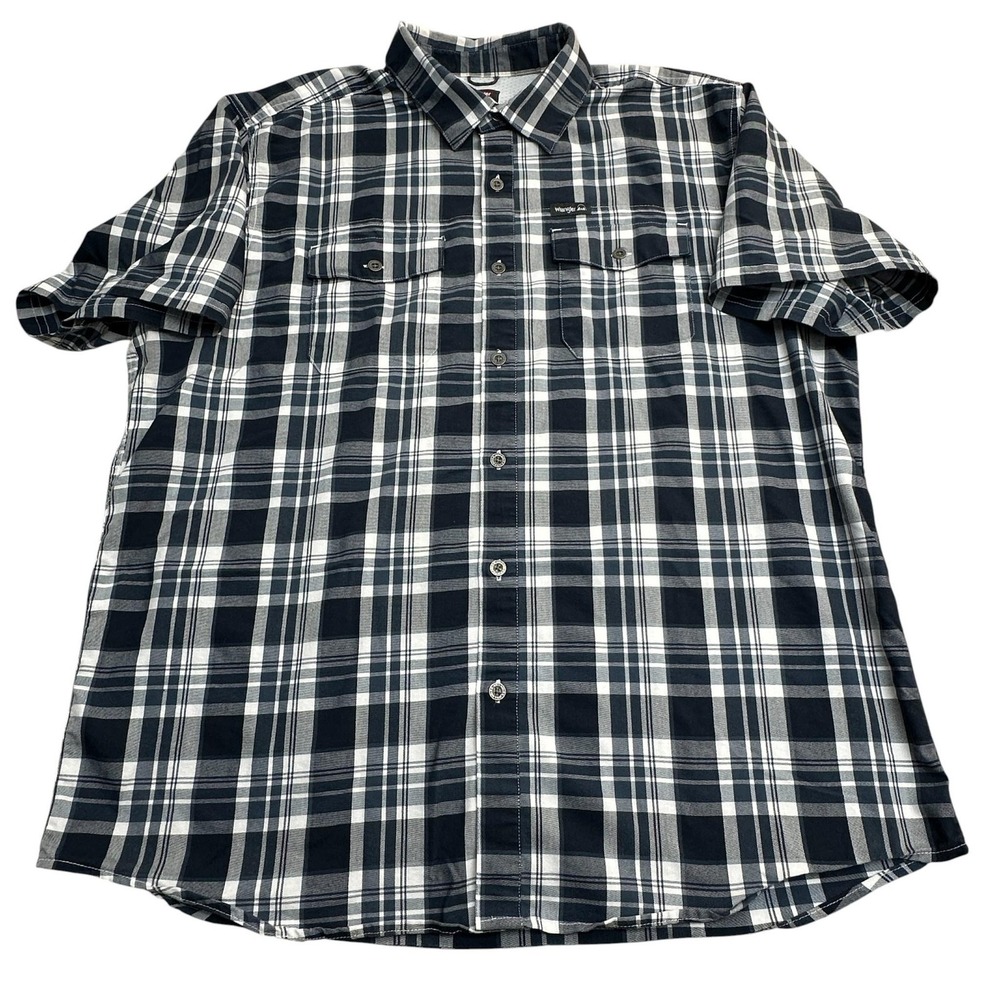 Wrangler Shirt Mens XL‎ Blue Plaid Short Sleeve Button Up Vented Outdoor Hiking